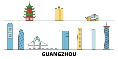Çin, Guangzhou City düz yerlerinden illüstrasyon vektör. Çin, Guangzhou City hattı şehir ünlü seyahat yerler, manzarası, tasarım ile. 