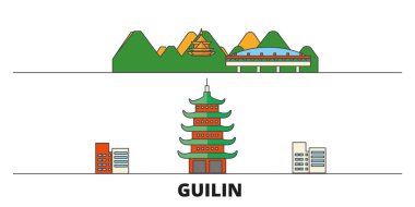 Çin, Guilin simge vektör çizim düz. Çin, Guilin satır şehir ünlü seyahat yerler, manzarası, tasarım ile. 