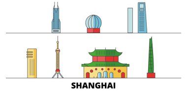 Çin, Shanghai şehir düz yerlerinden illüstrasyon vektör. Çin, Shanghai şehir hattı şehir ünlü seyahat yerler, manzarası, tasarım ile. 