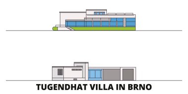 Çek Cumhuriyeti, Brno, Tugendhat Villa düz yerlerinden illüstrasyon vektör. Çek Cumhuriyeti, Brno, Tugendhat Villa satır şehir ünlü ile seyahat yerler, manzarası, tasarım. 