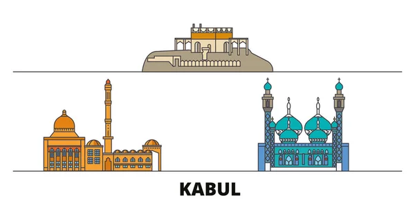 Afganistán, Kabul hito plano vector ilustración. Afganistán, Kabul ciudad línea con lugares de interés turístico famosos, horizonte, diseño . — Vector de stock