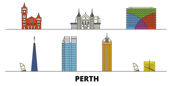 Австралия, Перт плоские ориентиры векторные иллюстрации. Австралия, Перт, город с известными достопримечательностями, горизонтом, дизайном . — стоковый вектор