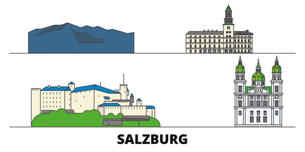 Austria, Salzburgo hito plano vector ilustración. Austria, ciudad de la línea de Salzburgo con lugares de interés turístico famosos, horizonte, diseño . — Vector de stock