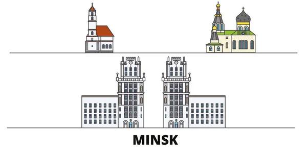 Bielorrusia, ilustración vectorial de monumentos planos de Minsk. Bielorrusia, Minsk ciudad con lugares de interés turístico famosos, horizonte, diseño . — Vector de stock