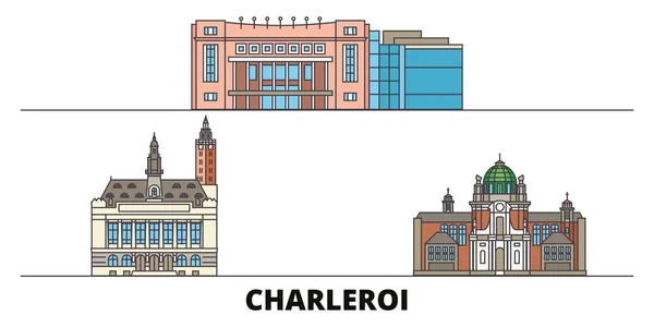 Bélgica, Charleroi plana monumentos vector ilustración. Bélgica, Charleroi ciudad línea con lugares de interés turístico famosos, horizonte, diseño . — Vector de stock