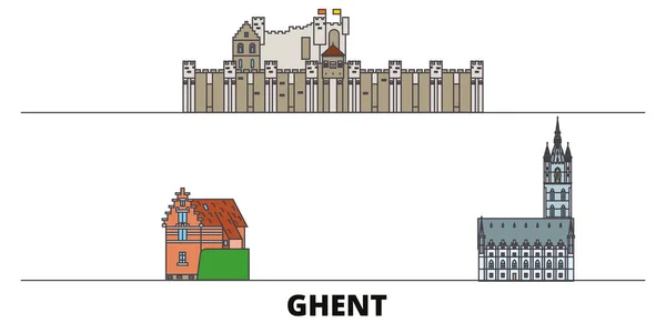 Bélgica, Ghent flat landmarks vector illustration. Bélgica, Gante linha da cidade com vistas famosas do curso, skyline, projeto . — Vetor de Stock