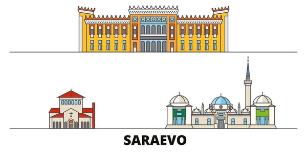 Bosnia y Herzegovina, Saraevo plana monumentos vector ilustración. Bosnia y Herzegovina, Saraevo ciudad línea con lugares de interés turístico famosos, horizonte, diseño . — Vector de stock