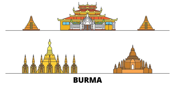 Βιρμανία επίπεδη ορόσημα διανυσματικά εικονογράφηση. Βιρμανία γραμμή πόλη με διάσημα ταξίδια αξιοθέατα, στον ορίζοντα, σχεδιασμός. — Διανυσματικό Αρχείο