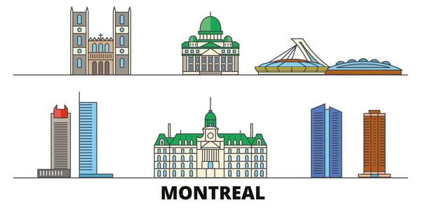Στον Καναδά, το Μόντρεαλ επίπεδη εικονογράφηση διάνυσμα ορόσημα. Καναδά, Μόντρεαλ γραμμή πόλη με το περίφημο ταξίδι αξιοθέατα, στον ορίζοντα, σχεδιασμός. — Διανυσματικό Αρχείο