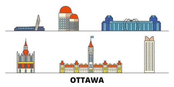 Canada, Ottawa flat landmarks vector illustration. Canadá, ciudad de la línea de Ottawa con lugares de interés turístico famosos, horizonte, diseño . — Vector de stock