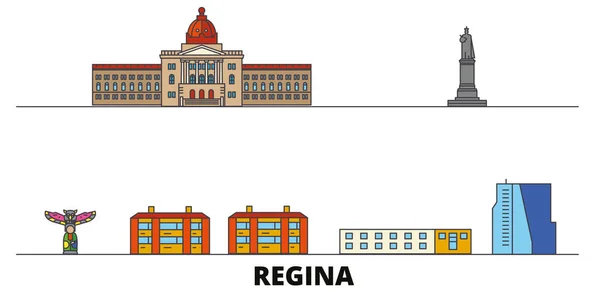 Canadá, ilustração vetorial de marcos planos de Regina. Canadá, cidade da linha de Regina com vistas famosas do curso, skyline, projeto . —  Vetores de Stock