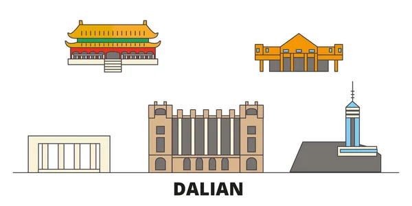 China, Dalian flat landmarks vector illustration. China, Dalian line city con lugares de interés turístico famosos, horizonte, diseño . — Vector de stock