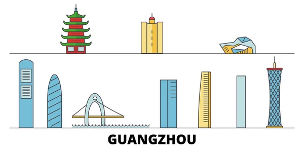 中国、广州市平面地标向量图解。中国、广州市线城与著名的旅游景点、天际线、设计. — 图库矢量图片