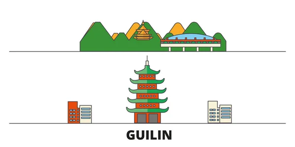 China, Guilin plana monumentos vector ilustración. China, Guilin línea de la ciudad con lugares de interés turístico famosos, horizonte, diseño . — Vector de stock