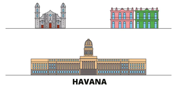 Cuba, Ciudad de La Habana ilustración vectorial de hitos planos. Cuba, Ciudad de La Habana ciudad con lugares de interés turístico famosos, horizonte, diseño . — Vector de stock