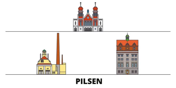 Czech Republic, Pilsen flat landmarks vector illustration. República Checa, Pilsen line city con lugares de interés turístico famosos, skyline, diseño . — Vector de stock