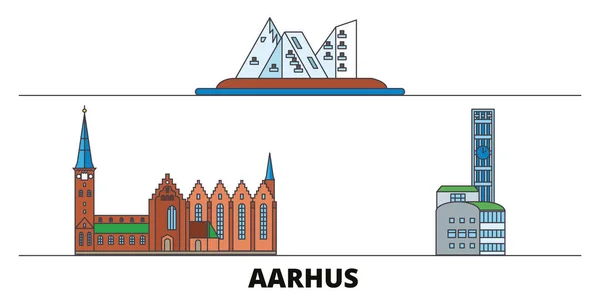 Dinamarca, Aarhus plana hito vector ilustración. Dinamarca, Aarhus ciudad línea con lugares de interés turístico famosos, horizonte, diseño . — Vector de stock