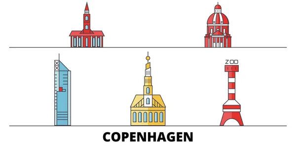 Дания, плоские векторные ориентиры Копли-Сити. Дания, город на линии Копли-Сити со знаменитыми достопримечательностями, горизонтом, дизайном . — стоковый вектор