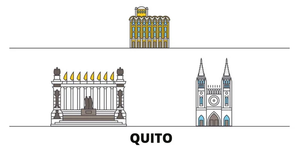 厄瓜多尔, 瓜亚基尔, 基多平坦地标向量例证。厄瓜多尔, 瓜亚基尔, 基多线城市与著名的旅游景点, 天际线, 设计. — 图库矢量图片
