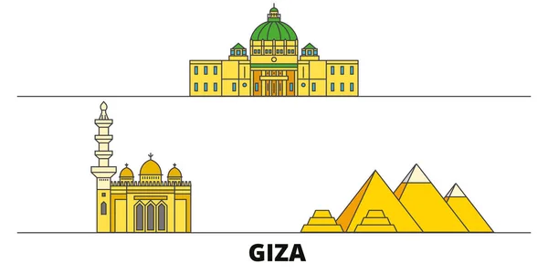 Egipto, ilustración vectorial de puntos de referencia planos de Giza. Egipto, ciudad de la línea de Giza con lugares de interés turístico famosos, horizonte, diseño . — Vector de stock