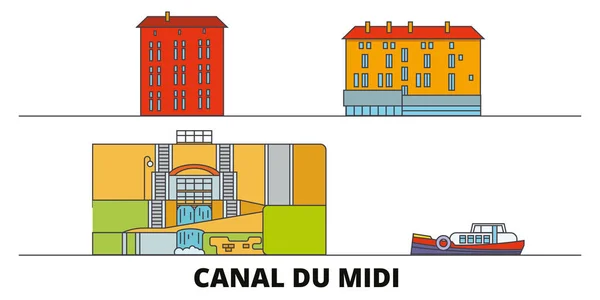 França, Canal Du Midi marco plano ilustração vetorial. França, Canal Du Midi linha da cidade com vistas famosas do curso, skyline, projeto . —  Vetores de Stock