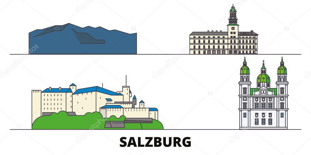 Austria, Salzburg flat landmarks vector illustration. Austria, Salzburg line city with famous travel sights, skyline, design. 