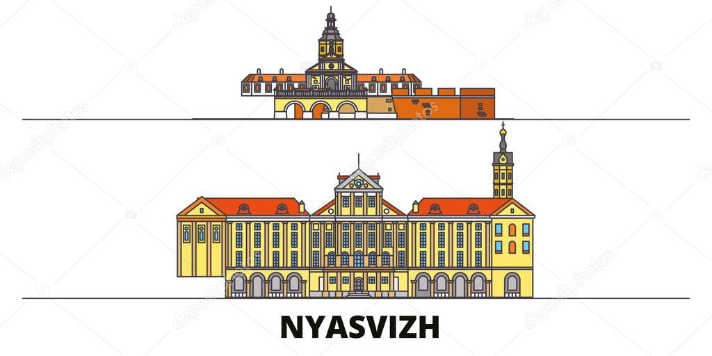 Belarus, Nyasvizh flat landmarks vector illustration. Belarus, Nyasvizh line city with famous travel sights, skyline, design. 