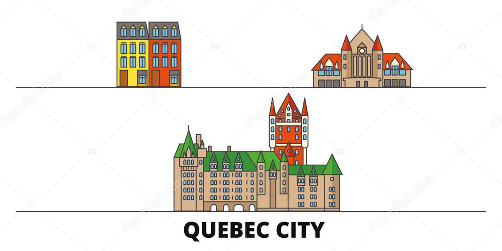 Canada, Quebec City flat landmarks vector illustration. Canada, Quebec City line city with famous travel sights, skyline, design. 