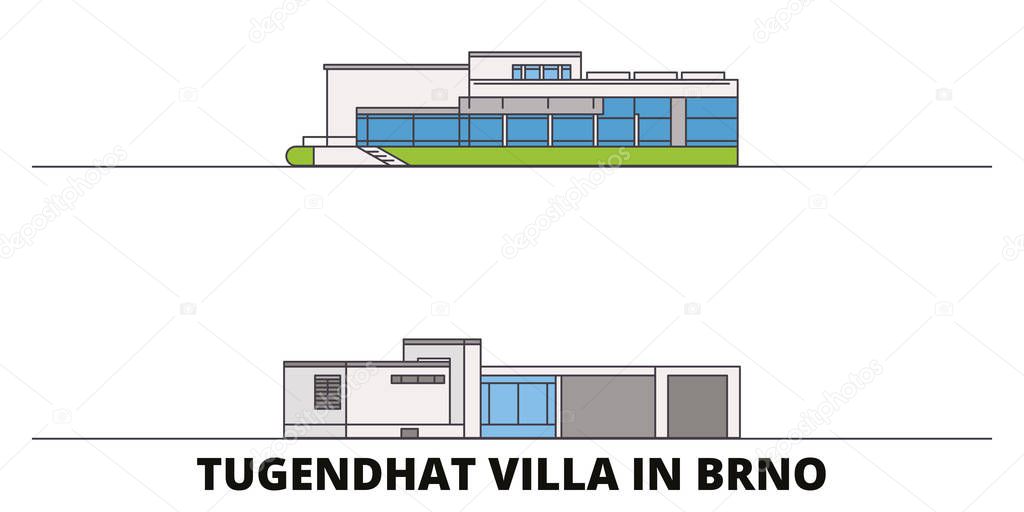 Czech Republic, Brno, Tugendhat Villa flat landmarks vector illustration. Czech Republic, Brno, Tugendhat Villa line city with famous travel sights, skyline, design. 