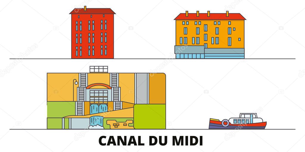 France, Canal Du Midi  flat landmarks vector illustration. France, Canal Du Midi  line city with famous travel sights, skyline, design. 
