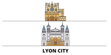 Fransa, Lyon şehir düz yerlerinden illüstrasyon vektör. Fransa, Lyon satır kenti ile ünlü seyahat yerler, manzarası, tasarım. 