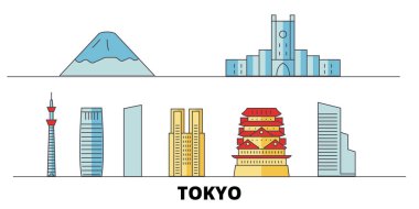 Japonya, Tokyo şehir düz yerlerinden illüstrasyon vektör. Japonya, Tokyo şehir hattı şehir ünlü seyahat yerler, manzarası, tasarım ile. 