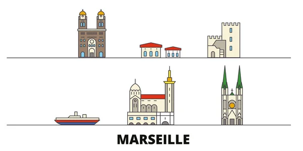 Francia, Marsella plana monumentos vector ilustración. Francia, Marsella ciudad línea con lugares de interés turístico famosos, horizonte, diseño . — Vector de stock