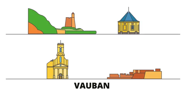 Francia, Vauban plana monumentos vector ilustración. Francia, ciudad de la línea de Vauban con lugares de interés turístico famosos, horizonte, diseño . — Vector de stock