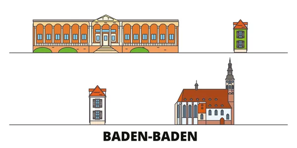 Alemania, Baden Baden hito plano vector ilustración. Alemania, Baden Baden ciudad con lugares de interés turístico famosos, horizonte, diseño . — Archivo Imágenes Vectoriales