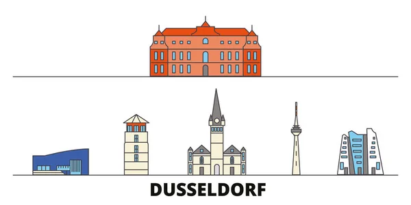 Alemania, Dusseldorf plana monumentos vector ilustración. Alemania, ciudad de la línea de Düsseldorf con lugares de interés turístico famosos, horizonte, diseño . — Vector de stock