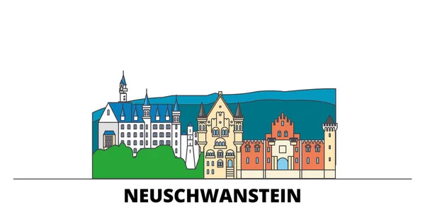 Γερμανία, επίπεδη ορόσημα Neuschwanstein διανυσματικά εικονογράφηση. Γερμανία, Neuschwanstein γραμμή πόλη με το περίφημο ταξίδι αξιοθέατα, στον ορίζοντα, σχεδιασμός. — Διανυσματικό Αρχείο