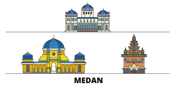 Indonesia, Medan plana hito vector ilustración. Indonesia, Medan line city con lugares de interés turístico famosos, horizonte, diseño . — Vector de stock