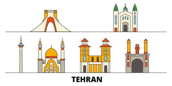 Ιράν, Τεχεράνη επίπεδη εικονογράφηση διάνυσμα ορόσημα. Ιράν, Τεχεράνη γραμμή πόλη με το περίφημο ταξίδι αξιοθέατα, στον ορίζοντα, σχεδιασμός. — Διανυσματικό Αρχείο
