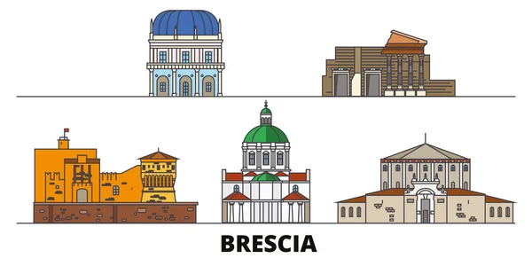 Italia, Brescia plana monumentos vector ilustración. Italia, ciudad de la línea de Brescia con lugares de interés turístico famosos, horizonte, diseño . — Vector de stock