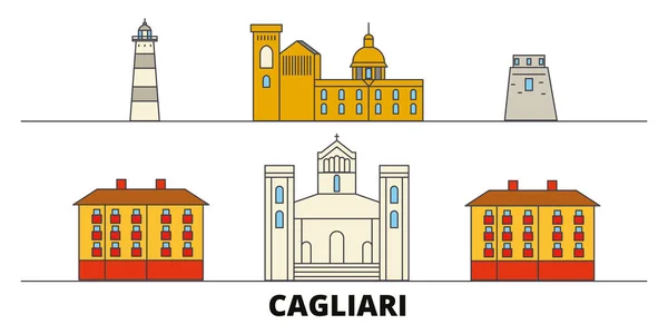Italia, ilustración vectorial de hitos planos Cagliari. Italia, ciudad línea de Cagliari con lugares de interés turístico famosos, horizonte, diseño . — Vector de stock