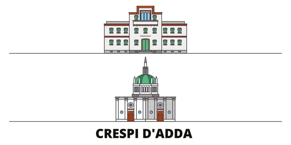 Ιταλία, Crespi Dadda επίπεδη ορόσημα διανυσματικά εικονογράφηση. Ιταλία, Crespi Dadda γραμμή πόλη με διάσημα ταξίδια αξιοθέατα, στον ορίζοντα, σχεδιασμός. — Διανυσματικό Αρχείο