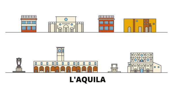 Italia, Laquila plana monumentos vector ilustración. Italia, ciudad de la línea de Laquila con lugares de interés turístico famosos, horizonte, diseño . — Vector de stock