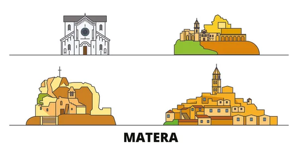 Italia, Matera plana monumentos vector ilustración. Italia, Matera line city con lugares de interés turístico famosos, horizonte, diseño . — Vector de stock