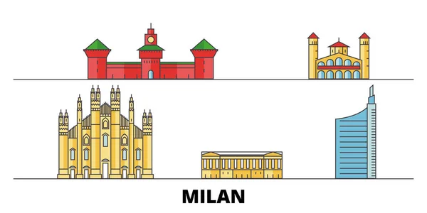 Italia, Milan City flat landmarks vector illustration. Italia, Milán Ciudad línea de la ciudad con lugares de interés turístico famosos, horizonte, diseño . — Vector de stock