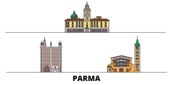 Italia, Parma plana monumentos vector ilustración. Italia, ciudad de la línea de Parma con lugares de interés turístico famosos, horizonte, diseño . — Vector de stock