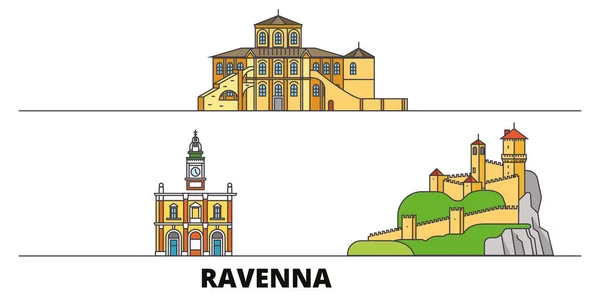 इटली, रेव्हन्ना फ्लॅट लँडमार्क वेक्टर स्पष्टीकरण. इटली, प्रसिद्ध प्रवास दृश्ये, क्षैतिज, डिझाइनसह रेव्हन्ना ओळ शहर . — स्टॉक व्हेक्टर
