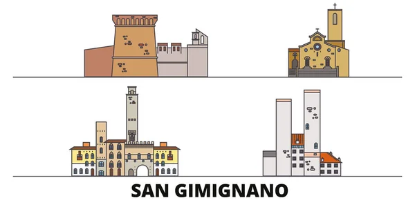 Italia, San Gimignano plana monumentos vector ilustración. Italia, ciudad de la línea de San Gimignano con lugares de interés turístico famosos, horizonte, diseño . — Vector de stock