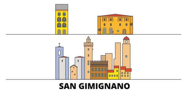 Itálie, San Gimignano město plochý památky vektorové ilustrace. Itálie, San Gimignano City line město s slavných cestovních památky, Panorama, design. — Stockový vektor