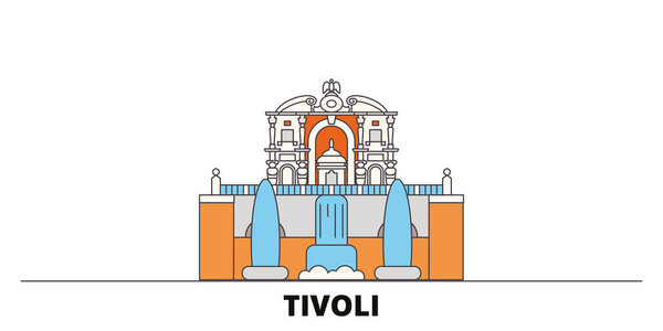 Italy, Tivoli, Villa Deste flat landmarks vector illustration. Italy, Tivoli, Villa Deste line city with famous travel sights, skyline, design. 